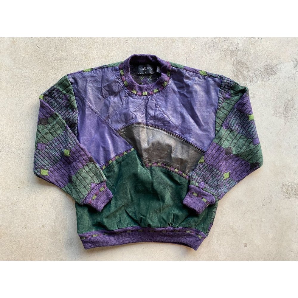 Vintage Saxony Sweater Multicolor Knit Leather Textured Biggie XL VTG